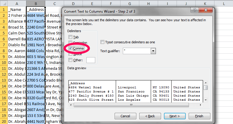 convert text to column in mac for addresses